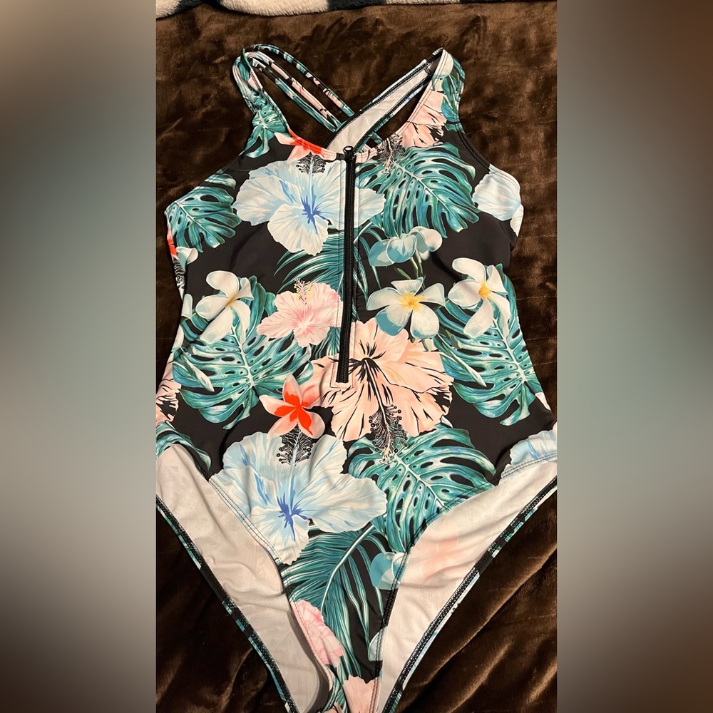 SHEIN Slayr Plus Tropical Print Zipper Crisscross Back One Piece Swims 1XL zip